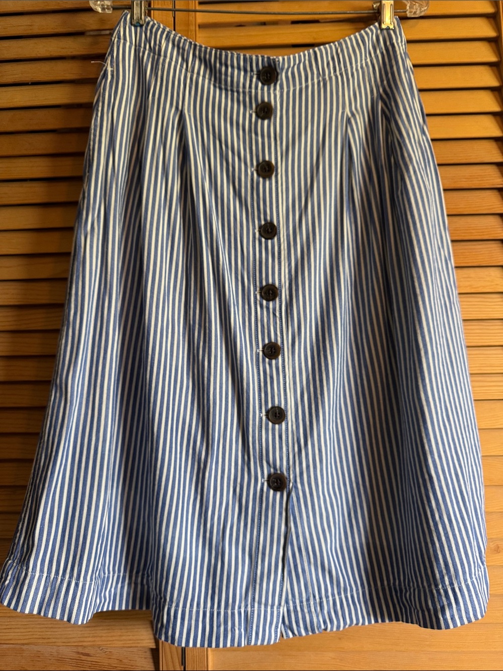 Talbots Blue and White Vertical Stripe Button-Front Midi Skirt